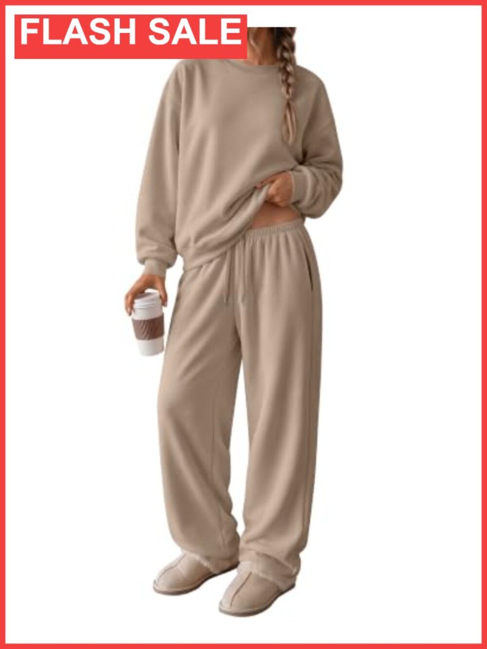 2 Piece Fleece Lounge Set Thermal Sweatsuit Pullover Drawstring Pants